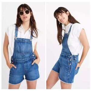 Madewell Adirondack High Rise Raw Hem Short Overalls Denville Medium Wash Size S